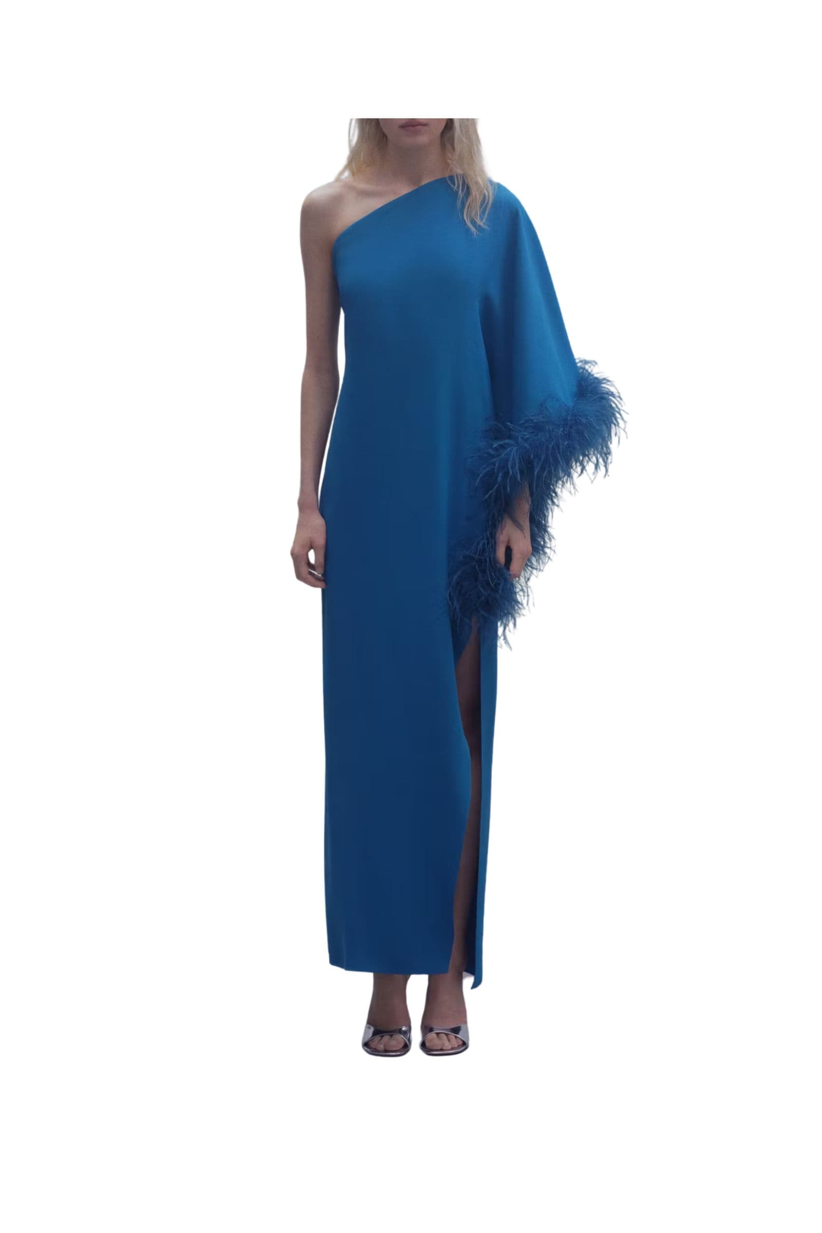 Loue Robe asymétrique en satin avec des plumes | Extended